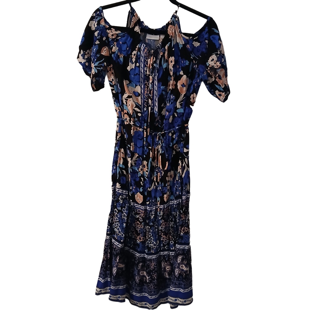 New York & Company Blue Floral Cold Shoulder Bohemian Festival Midi Dress Medium